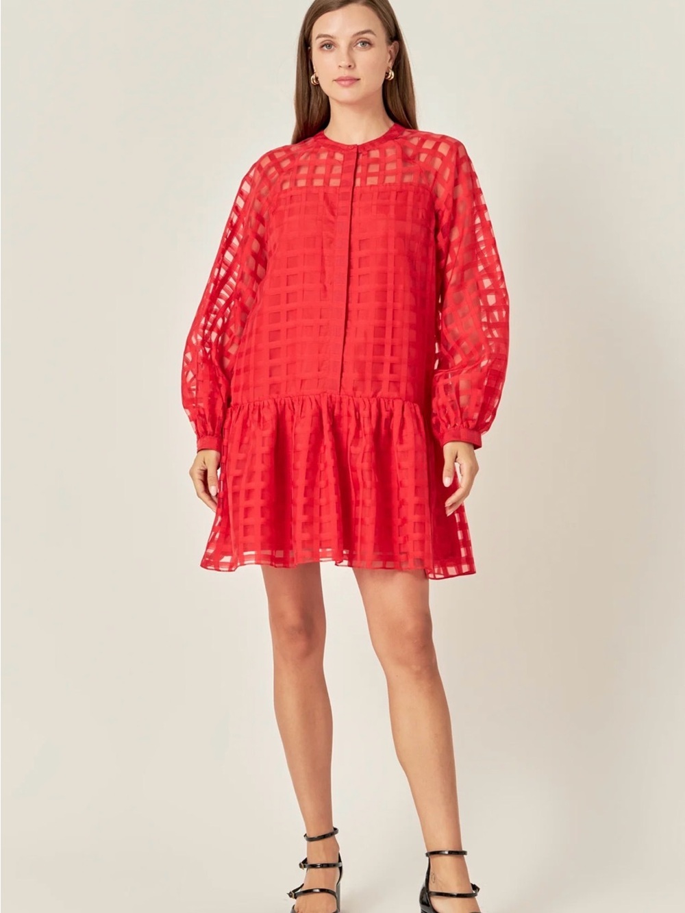 English Factory Red Sheer Check Babydoll Mini Dress
